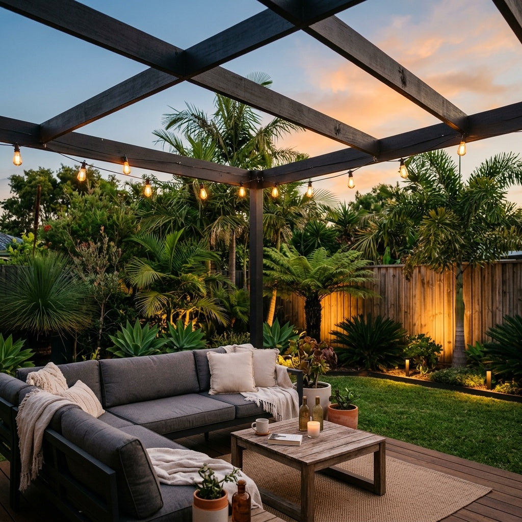 GloGarden hero — pergola at dusk